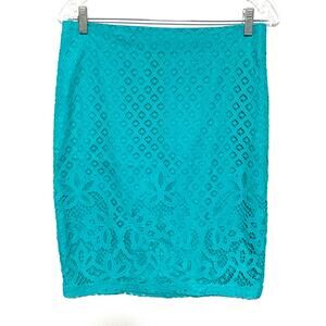 Loft Lace Overlay Floral Pencil Skirt 6 Lined Teal Preppy Career Feminine Work